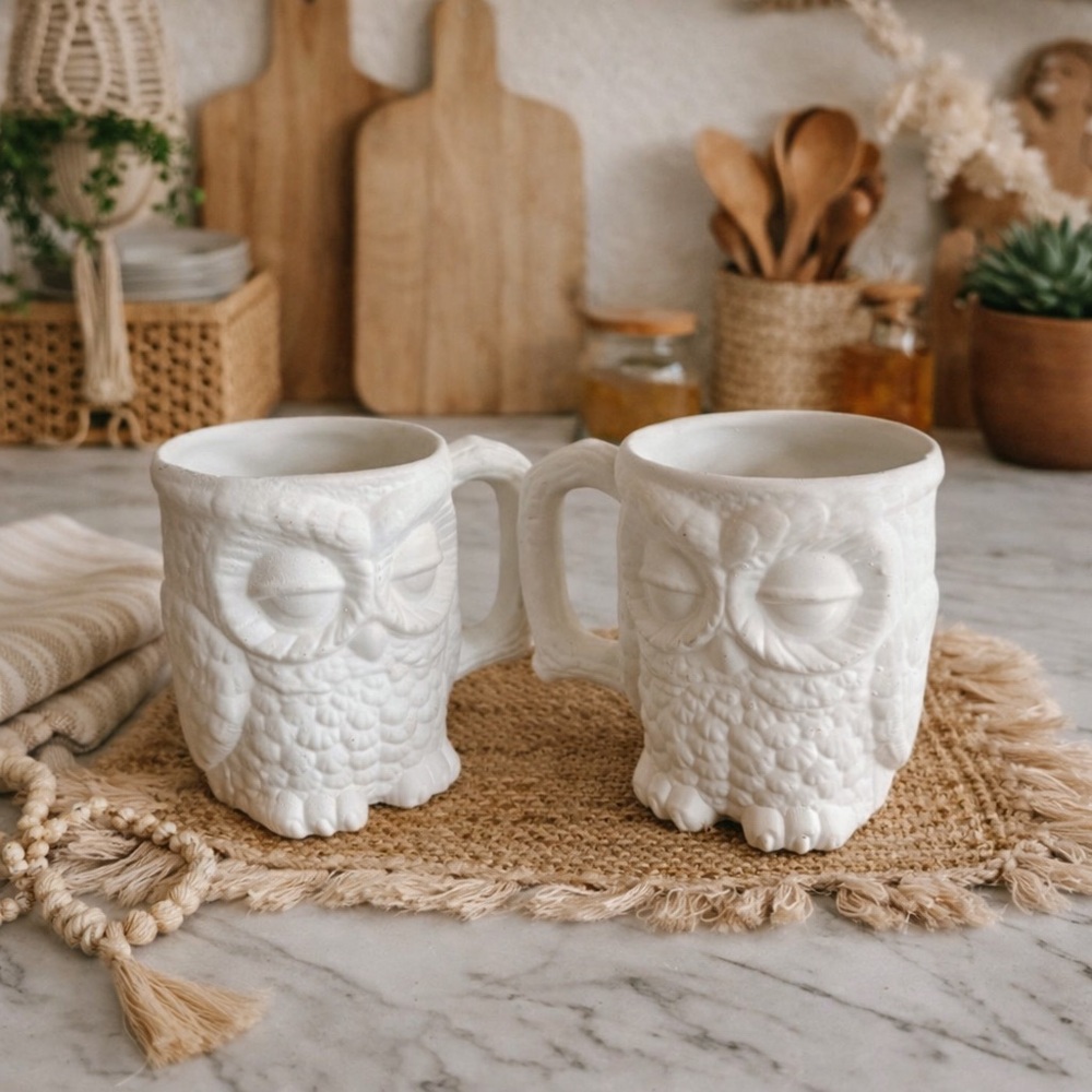 Set Of 2 Bisqueware Bohemian Owl Mugs|owlcore|dark academia|whimsical
